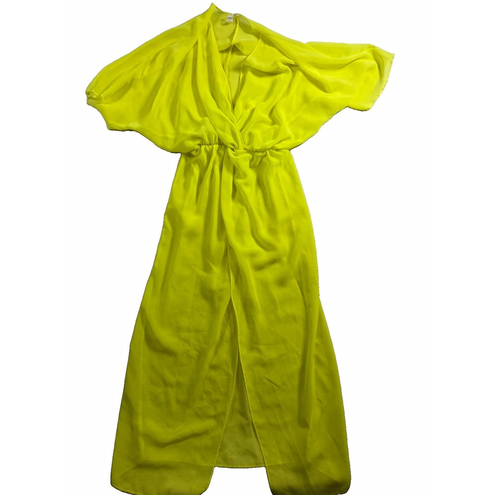 Fashion Nova Women XS Neon Yellow Sheer Maxi Swim Cover Up Kimono Beach Dress